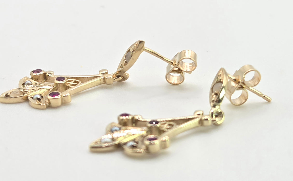 2853: Vintage 9ct Gold Seed Pearls & Rubies Drop Dangle Earrings