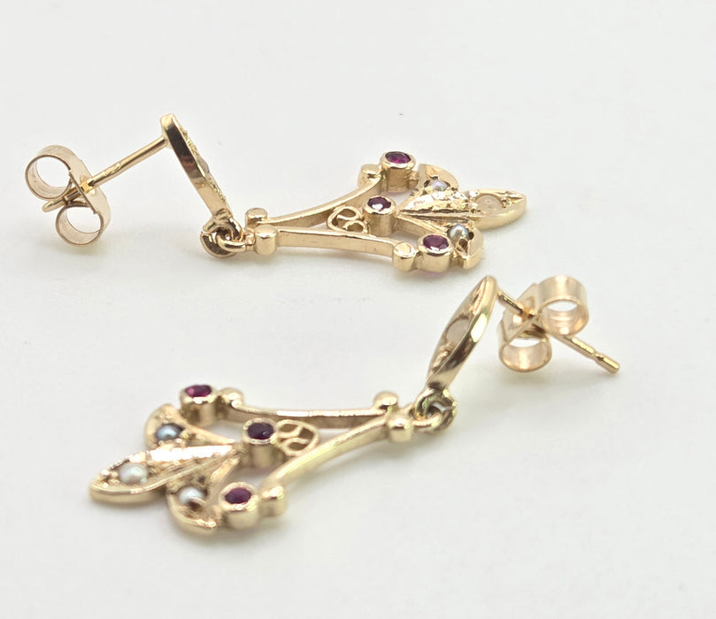 2853: Vintage 9ct Gold Seed Pearls & Rubies Drop Dangle Earrings