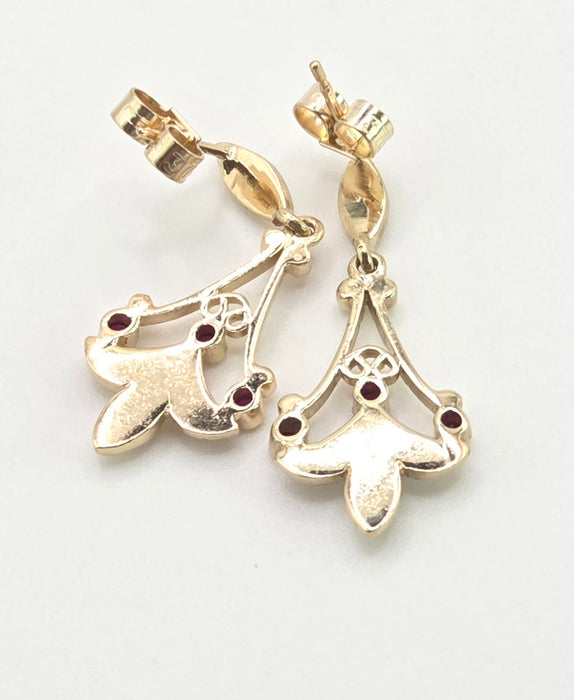 2853: Vintage 9ct Gold Seed Pearls & Rubies Drop Dangle Earrings