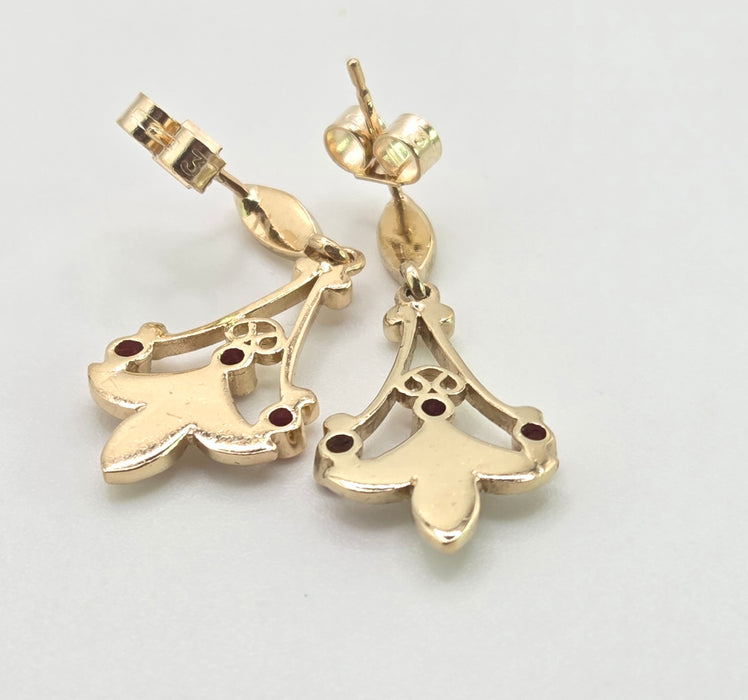 2853: Vintage 9ct Gold Seed Pearls & Rubies Drop Dangle Earrings