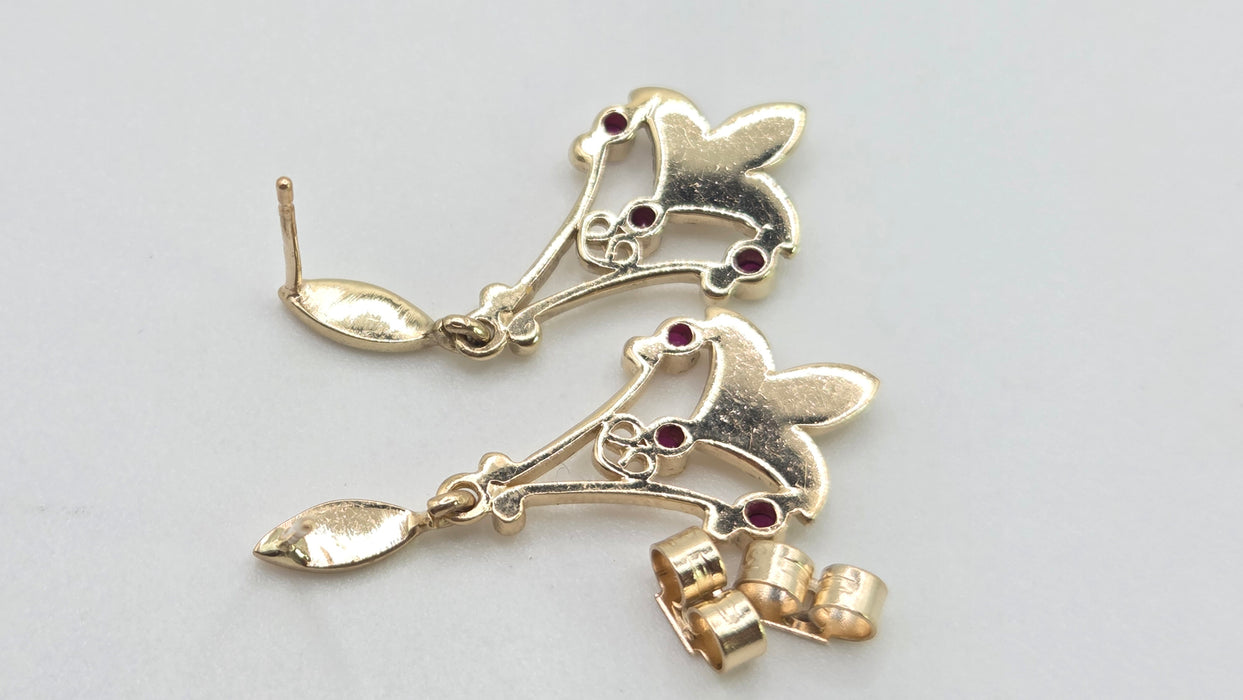 2853: Vintage 9ct Gold Seed Pearls & Rubies Drop Dangle Earrings