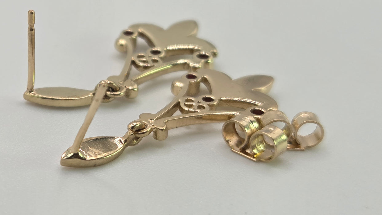2853: Vintage 9ct Gold Seed Pearls & Rubies Drop Dangle Earrings