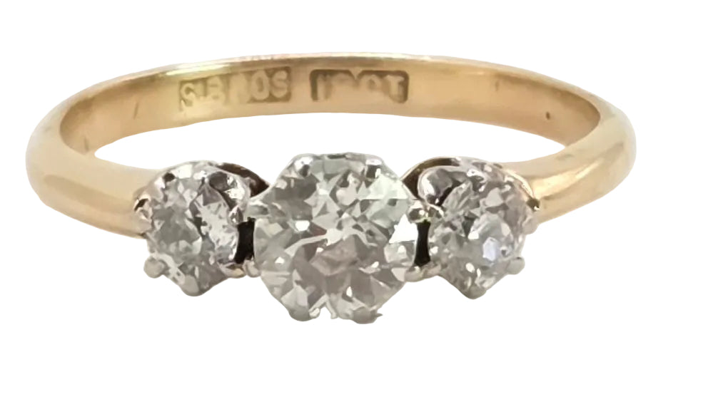 2861: Antique: 18ct Gold Round Old Cut Natural Diamonds (0.16ct) Trilogy Ring- From 1917