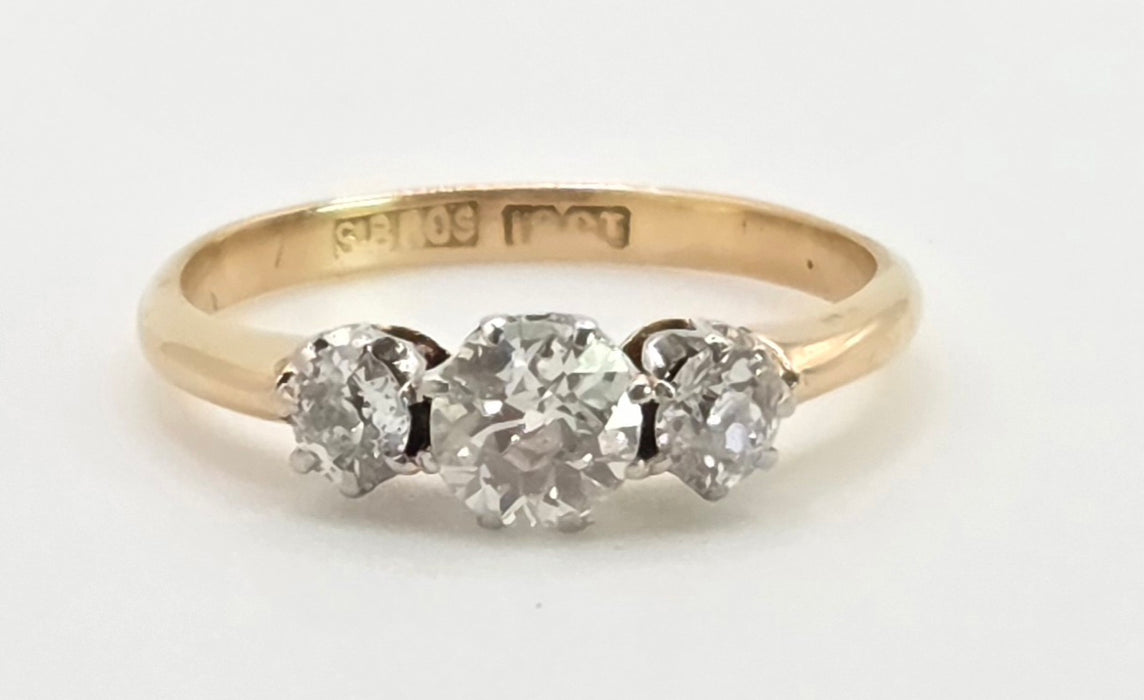 2861: Antique: 18ct Gold Round Old Cut Natural Diamonds (0.16ct) Trilogy Ring- From 1917