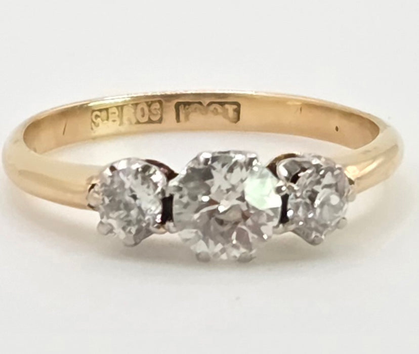 2861: Antique: 18ct Gold Round Old Cut Natural Diamonds (0.16ct) Trilogy Ring- From 1917
