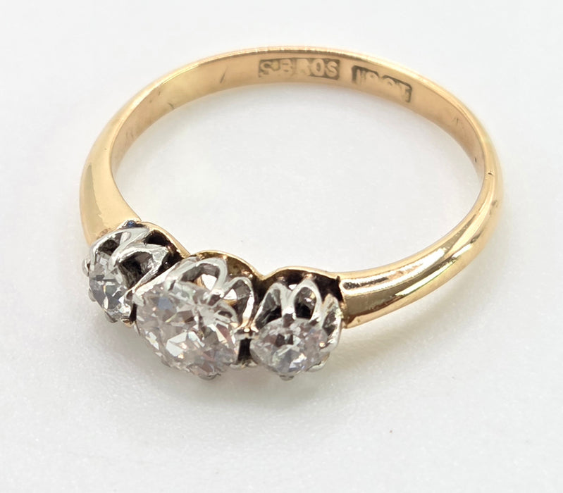 2861: Antique: 18ct Gold Round Old Cut Natural Diamonds (0.16ct) Trilogy Ring- From 1917