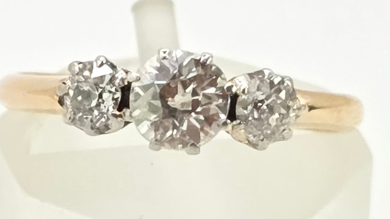 2861: Antique: 18ct Gold Round Old Cut Natural Diamonds (0.16ct) Trilogy Ring- From 1917
