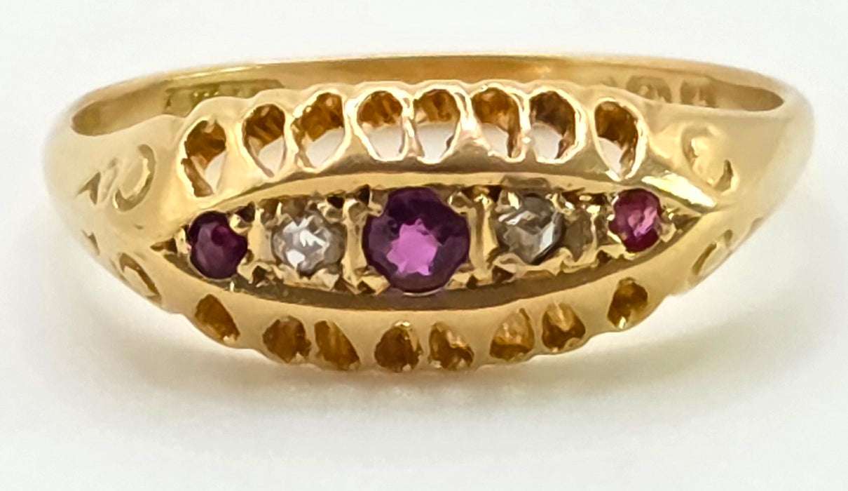 2883: Antique: 18ct Gold Ruby Diamonds Boat Ring- From 1918