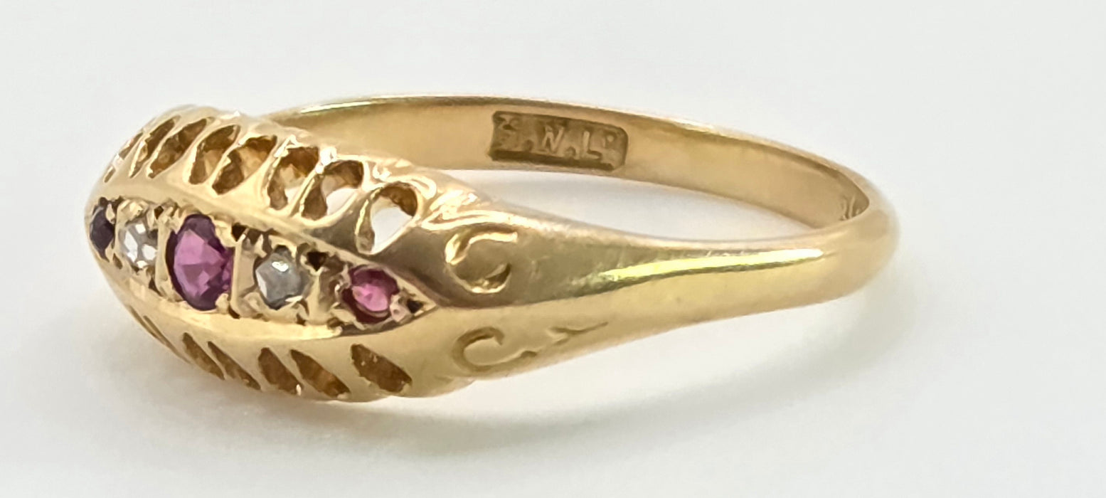 2883: Antique: 18ct Gold Ruby Diamonds Boat Ring- From 1918