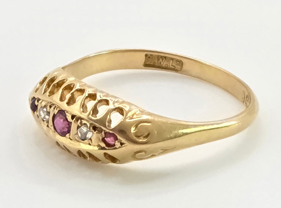 2883: Antique: 18ct Gold Ruby Diamonds Boat Ring- From 1918