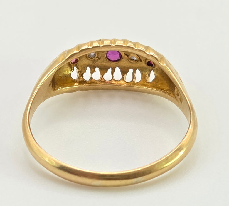 2883: Antique: 18ct Gold Ruby Diamonds Boat Ring- From 1918