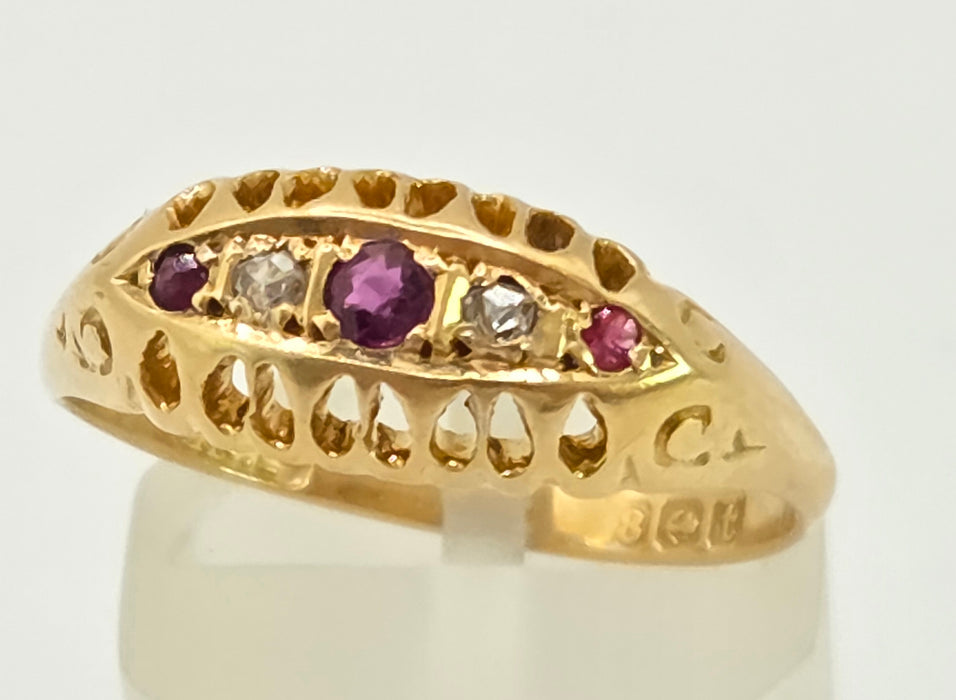 2883: Antique: 18ct Gold Ruby Diamonds Boat Ring- From 1918