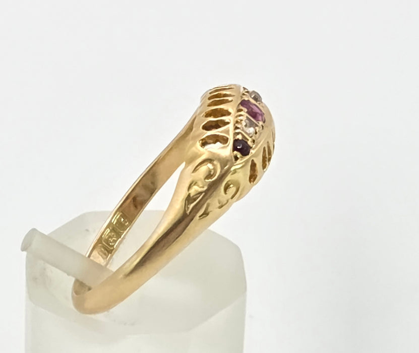 2883: Antique: 18ct Gold Ruby Diamonds Boat Ring- From 1918