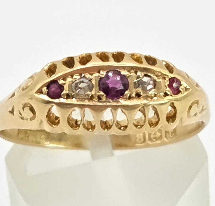 2883: Antique: 18ct Gold Ruby Diamonds Boat Ring- From 1918