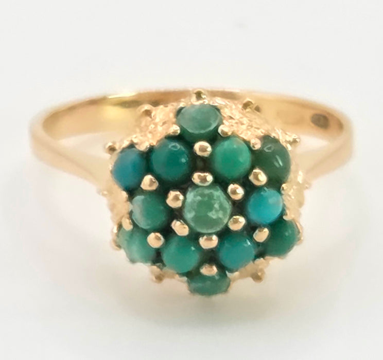 2884: Vintage 14ct Gold 13 Turquoises Flower Head Dress Ring