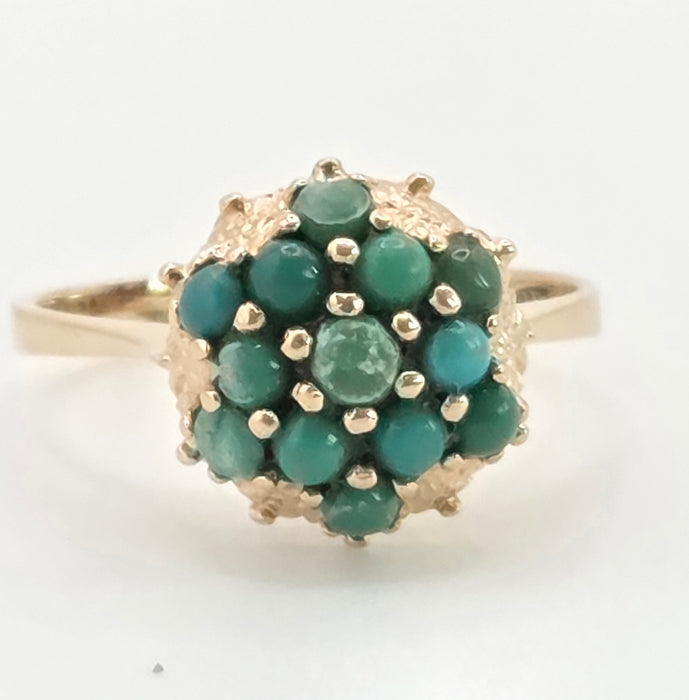 2884: Vintage 14ct Gold 13 Turquoises Flower Head Dress Ring