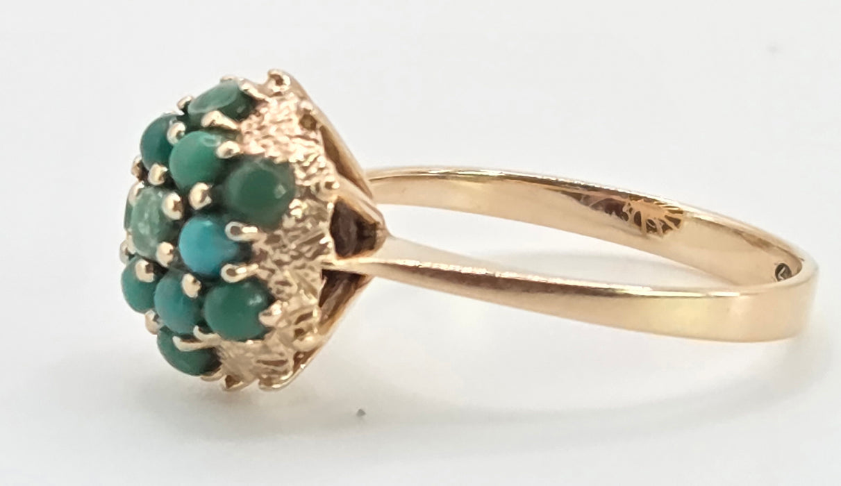 2884: Vintage 14ct Gold 13 Turquoises Flower Head Dress Ring