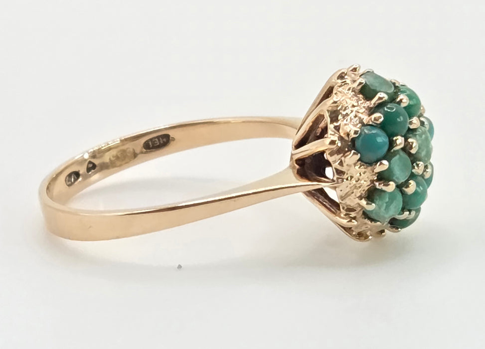 2884: Vintage 14ct Gold 13 Turquoises Flower Head Dress Ring