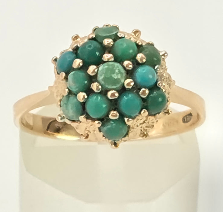 2884: Vintage 14ct Gold 13 Turquoises Flower Head Dress Ring