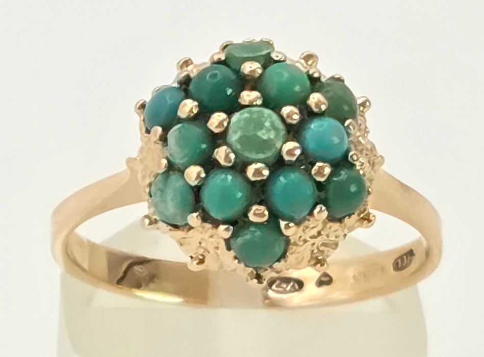 2884: Vintage 14ct Gold 13 Turquoises Flower Head Dress Ring