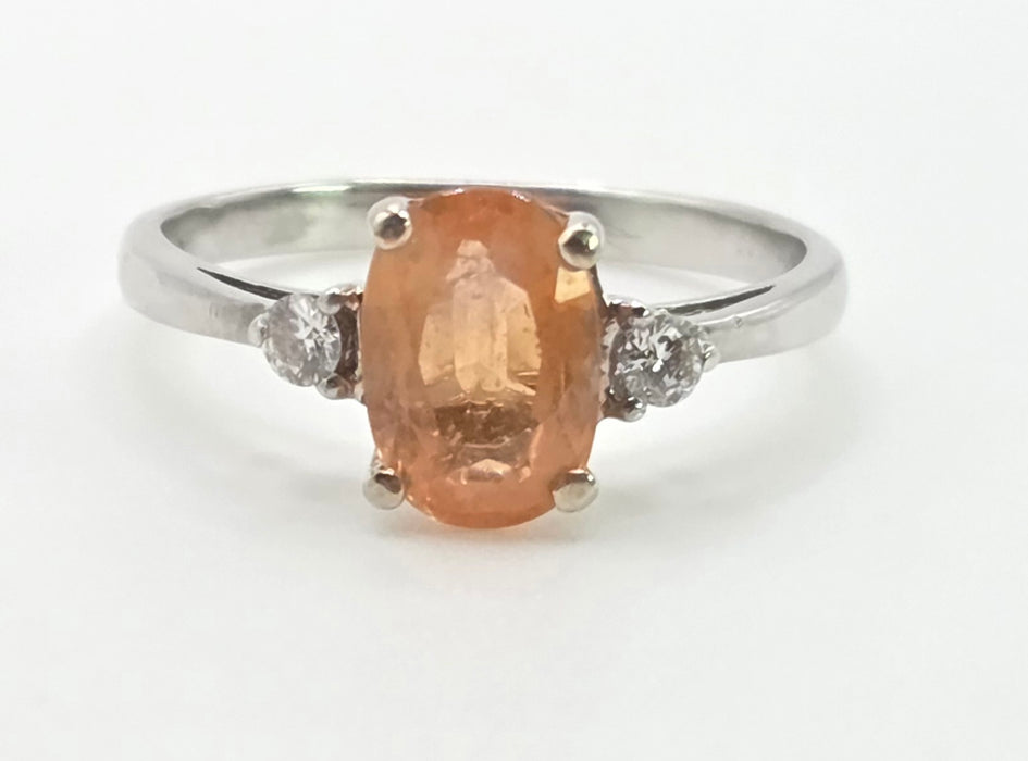 3015: Vintage 18ct White Gold Orange Sapphire Diamonds 3-Stone Ring