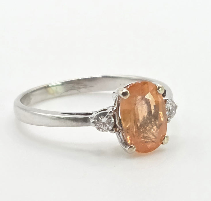 3015: Vintage 18ct White Gold Orange Sapphire Diamonds 3-Stone Ring