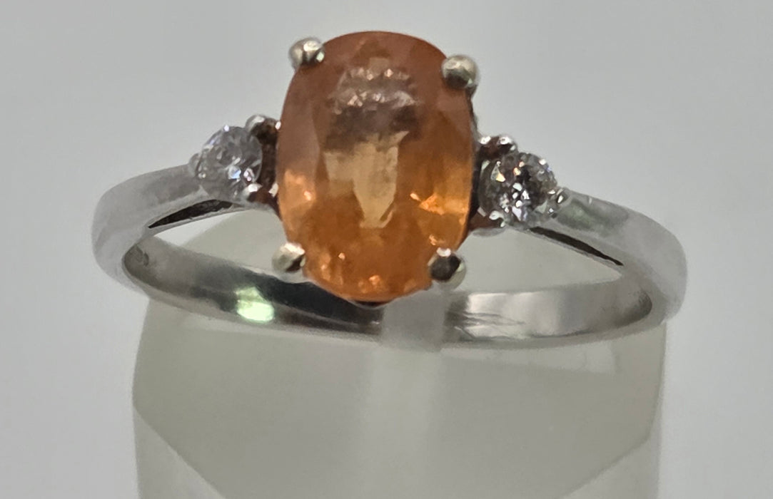 3015: Vintage 18ct White Gold Orange Sapphire Diamonds 3-Stone Ring