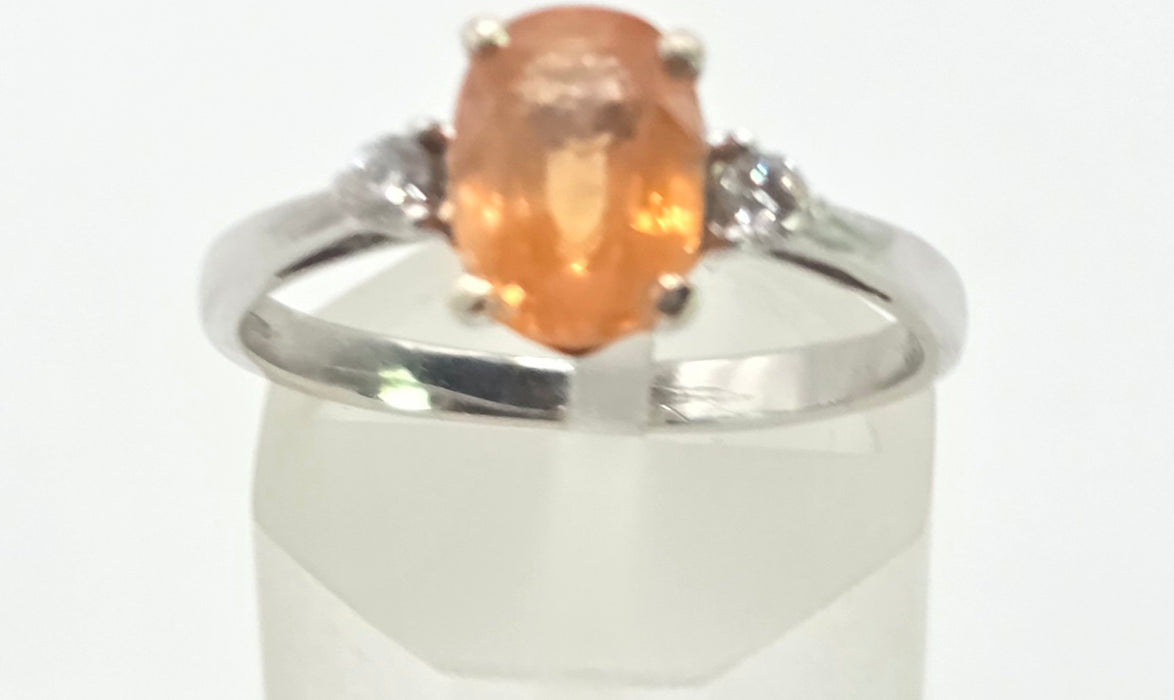 3015: Vintage 18ct White Gold Orange Sapphire Diamonds 3-Stone Ring
