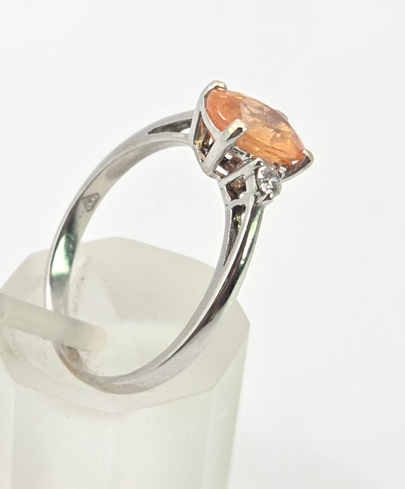 3015: Vintage 18ct White Gold Orange Sapphire Diamonds 3-Stone Ring