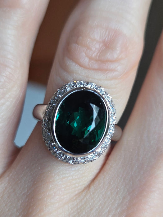 2991 Vintage: 18ct White Gold 6.3ct Oval Tourmaline & Diamond Ring