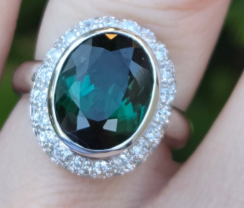2991 Vintage: 18ct White Gold 6.3ct Oval Tourmaline & Diamond Ring