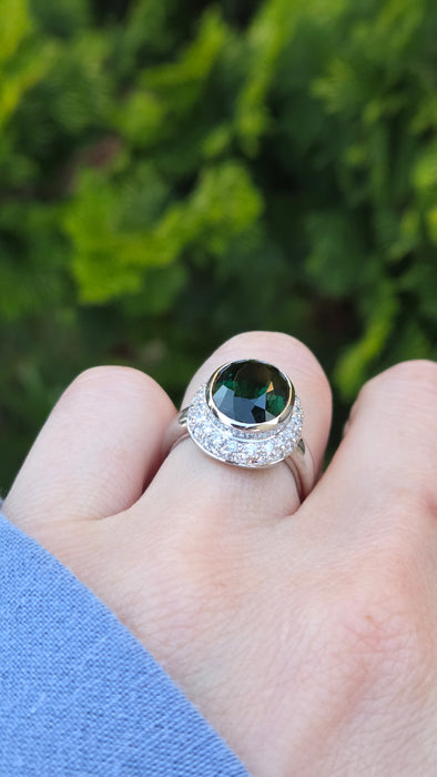 2991 Vintage: 18ct White Gold 6.3ct Oval Tourmaline & Diamond Ring