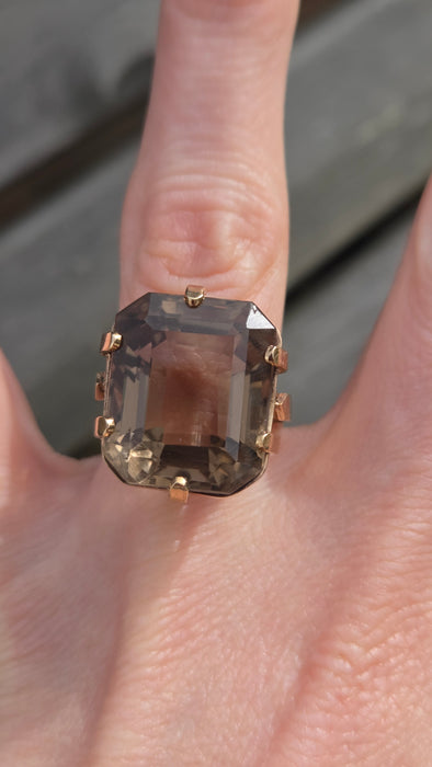 6476  Vintage: large 9ct Gold Square Cu Smokey Quartz Statement Ring