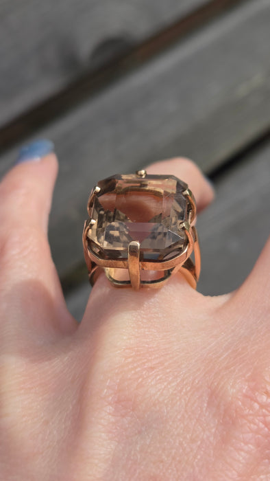 6476  Vintage: large 9ct Gold Square Cu Smokey Quartz Statement Ring