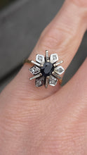 Load image into Gallery viewer, 6480 Vintage: 18ct Gold Blue Sapphire Diamonds Flower Head Ring - From 1977
