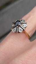 Load image into Gallery viewer, 6480 Vintage: 18ct Gold Blue Sapphire Diamonds Flower Head Ring - From 1977
