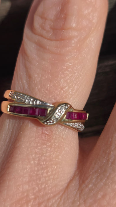6468 Vintage: 9ct Gold Rubies Natural Diamonds Crossover Dress/Stacker Ring