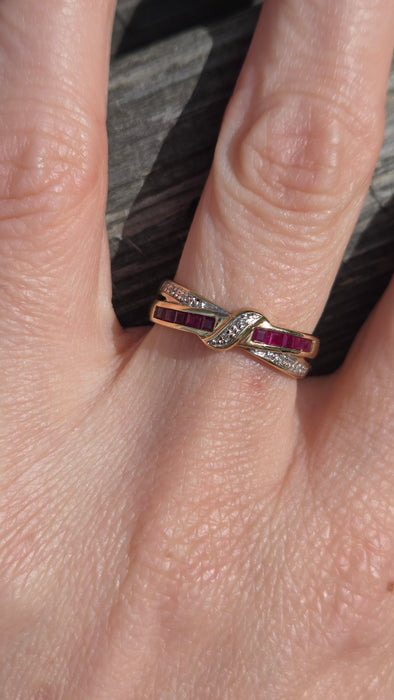 6468 Vintage: 9ct Gold Rubies Natural Diamonds Crossover Dress/Stacker Ring