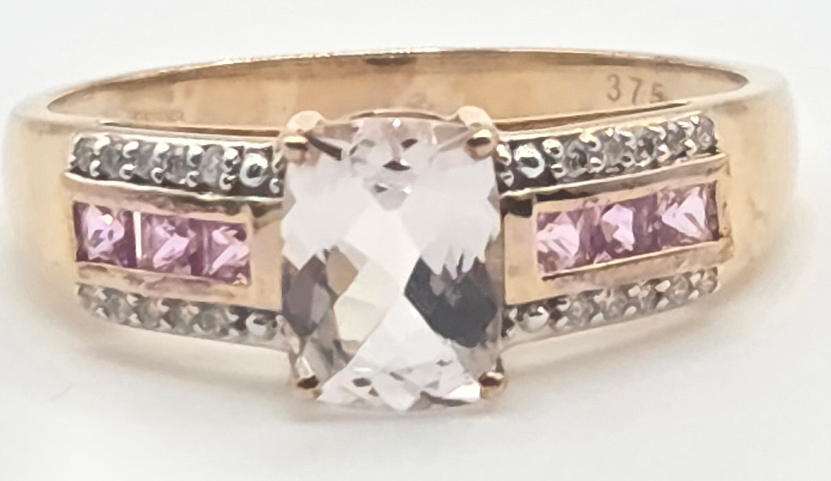 2999 Vintage 9ct Gold Pink Sapphires Rose Quartz 20 Natural Sparkling Diamonds Cocktail Ring