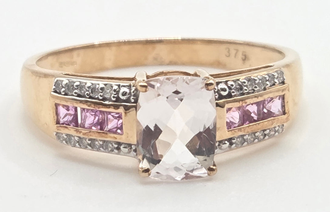 2999 Vintage 9ct Gold Pink Sapphires Rose Quartz 20 Natural Sparkling Diamonds Cocktail Ring