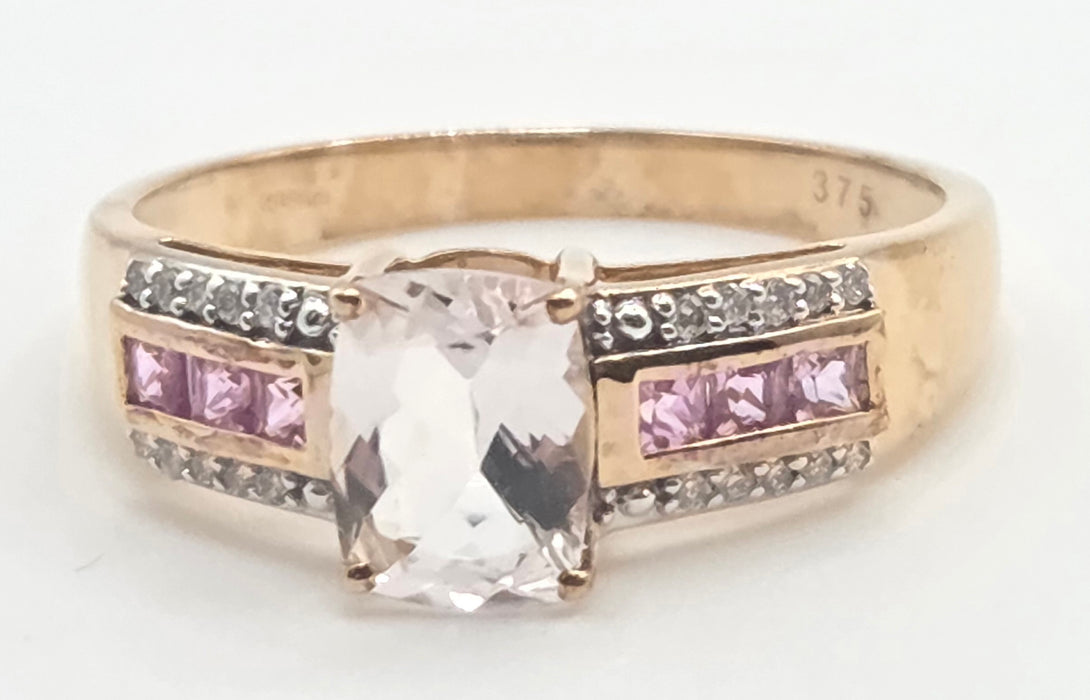2999 Vintage 9ct Gold Pink Sapphires Rose Quartz 20 Natural Sparkling Diamonds Cocktail Ring