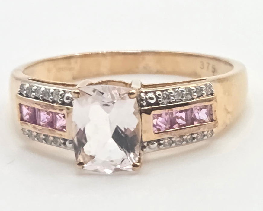 2999 Vintage 9ct Gold Pink Sapphires Rose Quartz 20 Natural Sparkling Diamonds Cocktail Ring