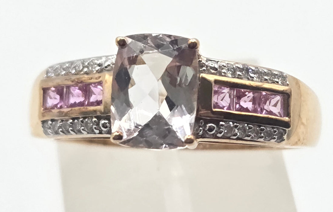 2999 Vintage 9ct Gold Pink Sapphires Rose Quartz 20 Natural Sparkling Diamonds Cocktail Ring