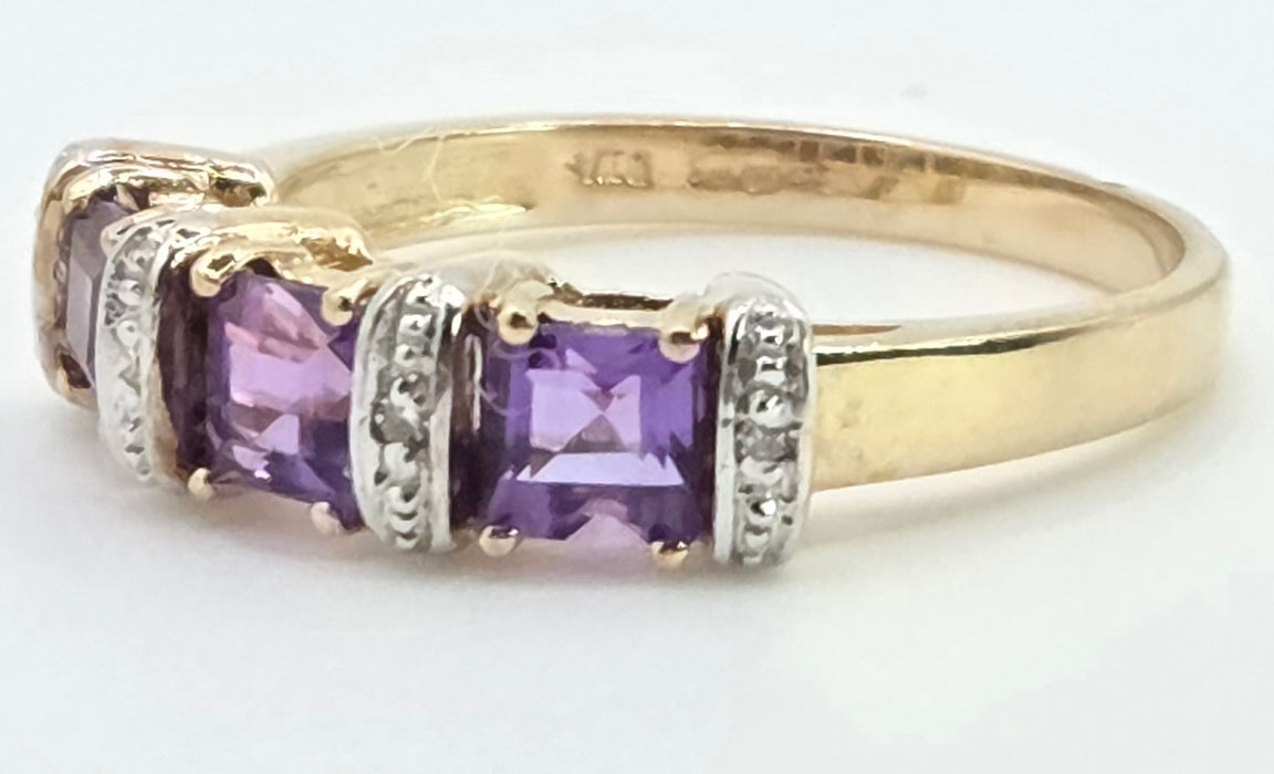3005: Vintage 9ct Gold Lilac Amethyst Diamonds Stacker/Half-Eternity Ring