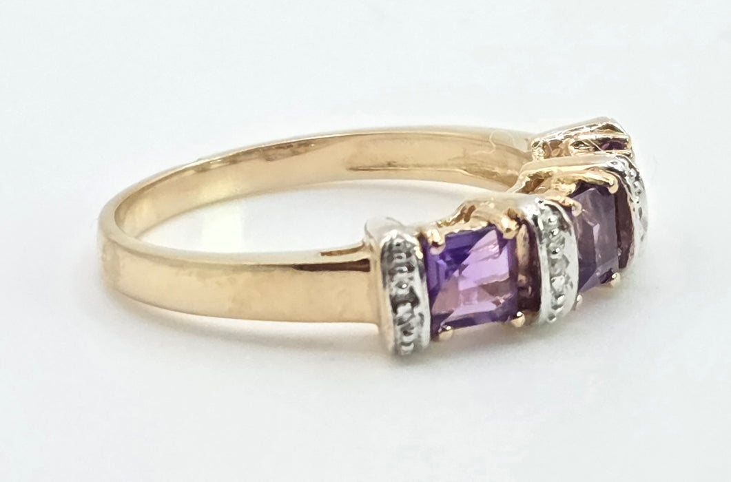 3005: Vintage 9ct Gold Lilac Amethyst Diamonds Stacker/Half-Eternity Ring