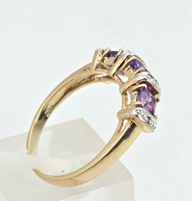 3005: Vintage 9ct Gold Lilac Amethyst Diamonds Stacker/Half-Eternity Ring