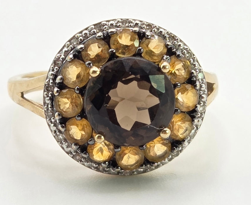 3008: 9ct Gold Citrines, Smokey Quartz Natural Diamonds Target Ring