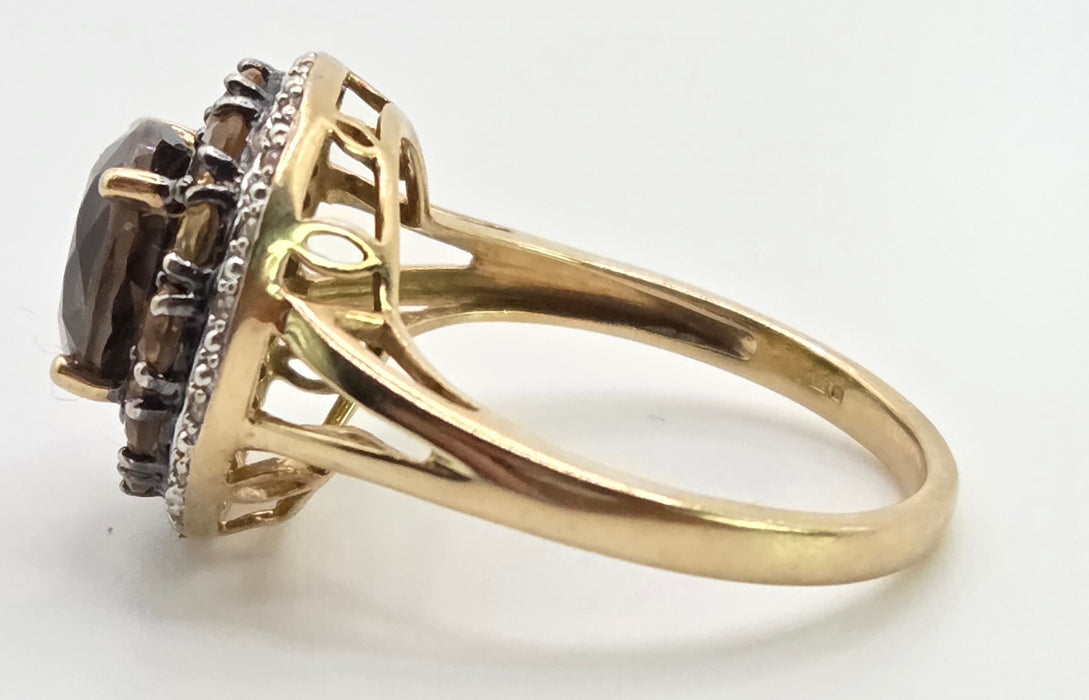 3008: 9ct Gold Citrines, Smokey Quartz Natural Diamonds Target Ring