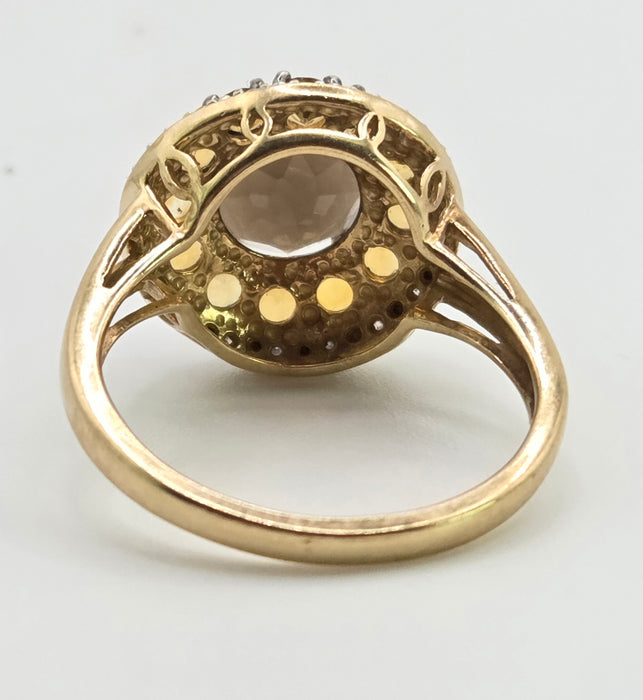 3008: 9ct Gold Citrines, Smokey Quartz Natural Diamonds Target Ring