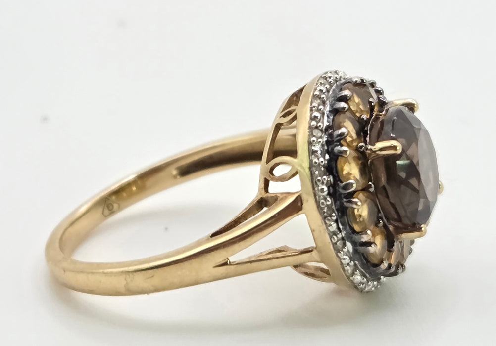 3008: 9ct Gold Citrines, Smokey Quartz Natural Diamonds Target Ring
